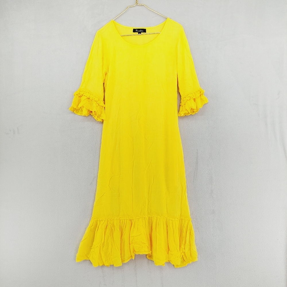 Sandiva Yellow Ruffle Crewneck Viscose  Midi Dress P1470
